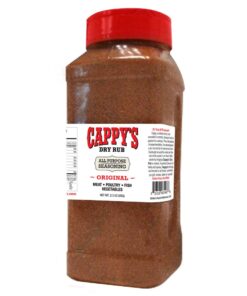 Cappy's dry rub seasoning bottle with red lid.