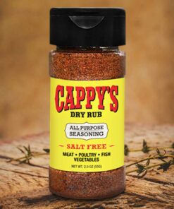Cappy's dry rub seasoning bottle on wood.