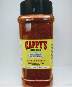 Cappy's dry rub seasoning container, salt-free.