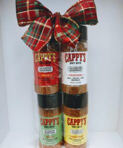 Four spice jars with festive bow.